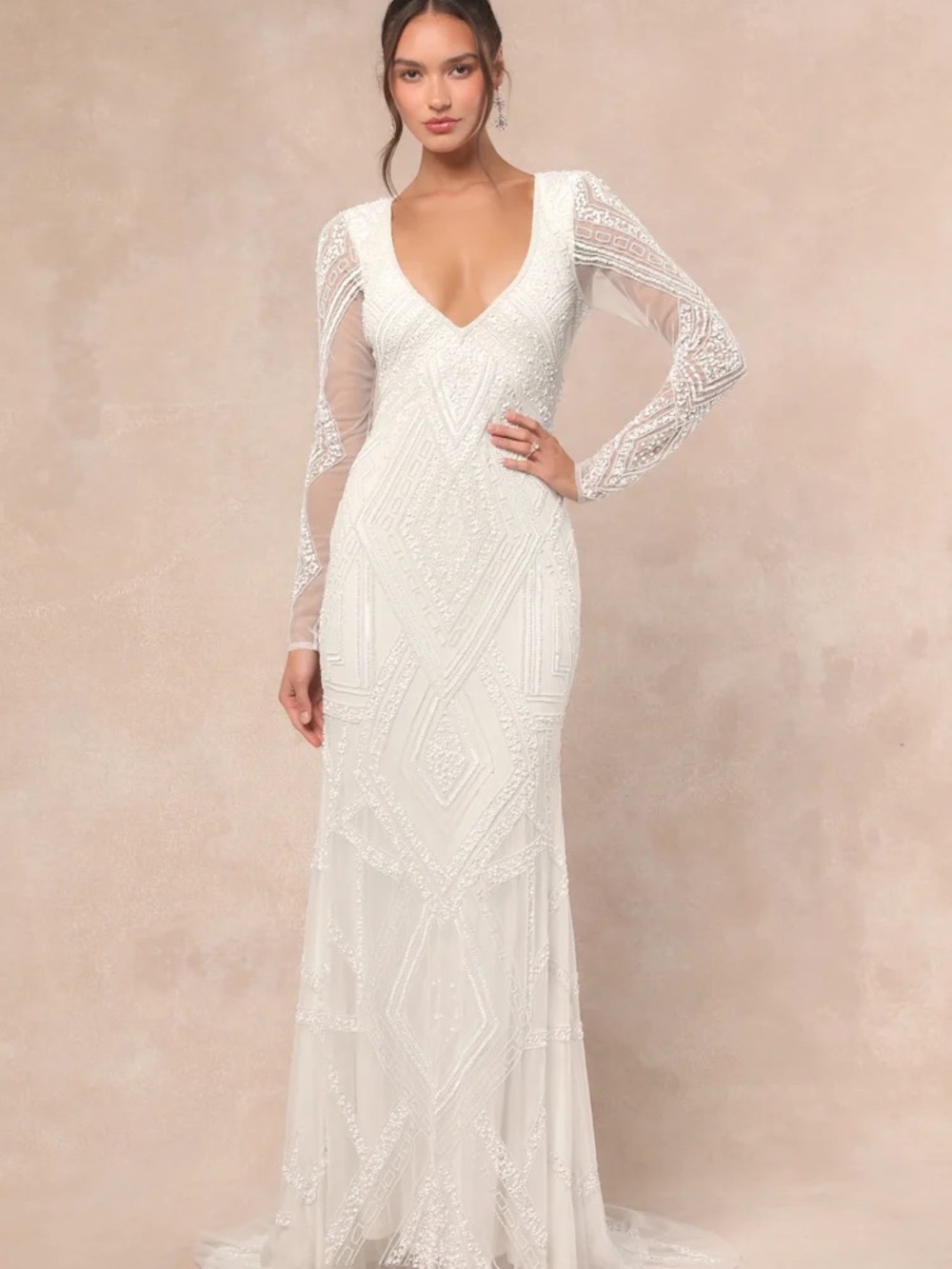 Lulu's Ivory Beaded V-Neck Long Sleeve Gown